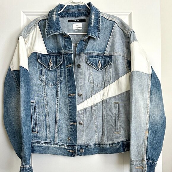 Women's Designer KSUBI Patchwork Oversized Denim Jacket in Blue/White Size S